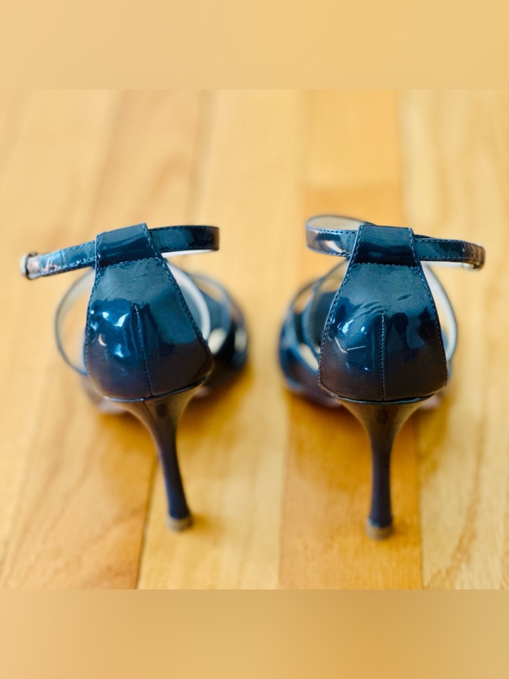 Charles & Keith Blue Gray Glossy Strappy Heeled Sandals Ankle Strap Size 34 / 4 - Picture 6 of 9